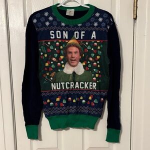 Women’s Elf Festive Green and Blue Holiday Sweater, Size Small